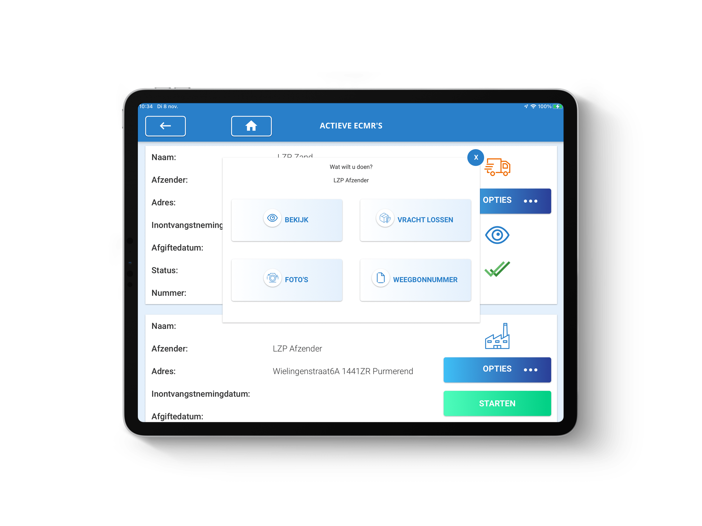 OptiesActieveritten De opties van actieve ritten (eCMR van LZP)